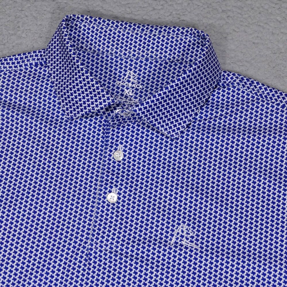Rhoback Polo Shirt Mens XL Blue Geometric Short Sleeve Performance Texas
